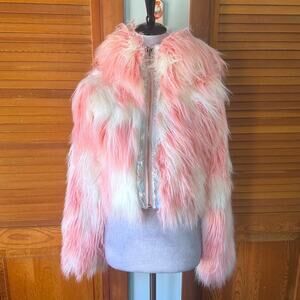 Vintage Lip Service 24 Hours Cyber Goth Punk Y2K Pink White Faux Fur Jacket XS